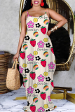 Blue Purple Cartoon Flowers Letters Print Deep V Neck Sleeveless Backless Spaghetti Strap Casual Outings Straight Loose Maxi Slip Dress