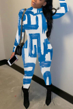 Blue Graphic Print Half A Turtleneck Long Sleeve Casual Outings Plus Size Skinny Jumpsuit