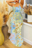 Pink Floral Print Off Shoulder Sleeveless Backless Spaghetti Strap Casual Outings Bodycon Maxi Slip Dress