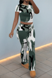 Grey Green Camouflage Print O Neck Short Sleeve T Shirt and Pocket High Waist Wide Leg Pant Casual Outings Two Piece Trouser Set