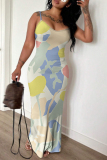 Green Floral Print Off Shoulder Sleeveless Backless Spaghetti Strap Casual Outings Bodycon Maxi Slip Dress