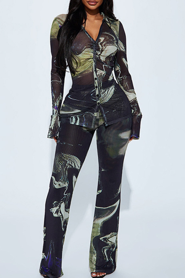 Black Graphic Print Turndown Collar Long Sleeve Shirt and Wide Leg Pants Casual Outings Two Piece Trouser Set