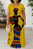 Orange Figure Print O Neck Short Sleeve Floor Length Casual Outings Plus Size Straight Loose T Shirt Maxi Dresss