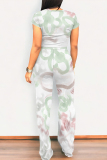 Light Blue Geometric Print O Neck Short Sleeve T Shirt and Pocket High Waist Wide Leg Pant Casual Outings Two Piece Trouser Set