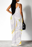 Dark Pink Geometric Print Deep V Neck Sleeveless Backless Spaghetti Strap Casual Outings Straight Loose Maxi Slip Dress