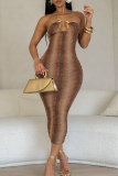 Brown Snake Print Sleeveless Strapless Metal Ring Trim Vacation Outings Bodycon Tube Maxi Dress
