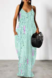 Dark Pink Geometric Print Deep V Neck Sleeveless Backless Spaghetti Strap Casual Outings Straight Loose Maxi Slip Dress