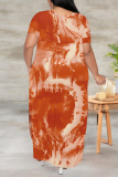 Light Blue Geometric Print V Neck Short Sleeve Pocket Side Slit Casual Outings Plus Size Straight Loose Maxi Dress