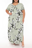 Light Blue Geometric Print V Neck Short Sleeve Pocket Side Slit Casual Outings Plus Size Straight Loose Maxi Dress