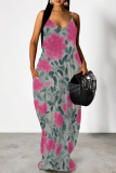 Blue Purple Floral Print Deep V Neck Sleeveless Backless Spaghetti Strap Casual Outings Straight Loose Maxi Slip Dress