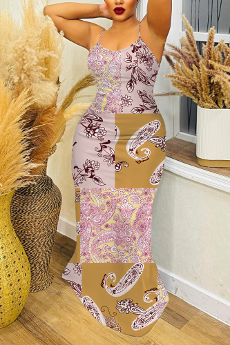 Pink Floral Print Off Shoulder Sleeveless Backless Spaghetti Strap Casual Outings Bodycon Maxi Slip Dress