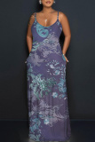 Blue Plants Print Sleeveless Backless Spaghetti Strap Floor Length Casual Outings Straight Loose Maxi Slip Dresss