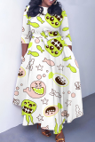 White Green Floral Cartoon Print O Neck 3/4 Sleeve Casual Daily Plus Size Pleated Maxi Dress