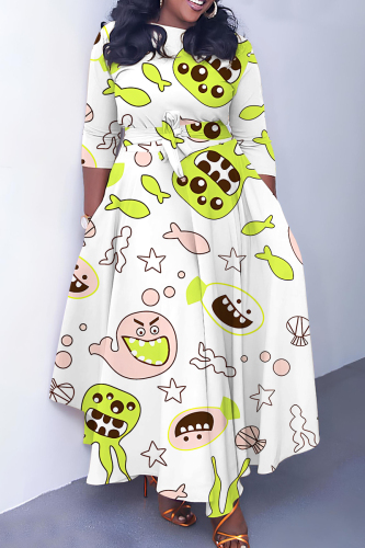White Green Floral Cartoon Print O Neck 3/4 Sleeve Casual Daily Plus Size Pleated Maxi Dress