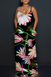 Blue Plants Print Sleeveless Backless Spaghetti Strap Floor Length Casual Outings Straight Loose Maxi Slip Dresss