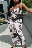 Gold Graphic Print Off Shoulder Sleeveless Backless Spaghetti Strap Casual Outings Bodycon Maxi Slip Dress