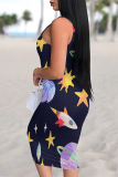 Dark Blue Graphic Print U Neck Sleeveless Spaghetti Strap Casual Summer Outings Bodycon Tank Midi Dresses