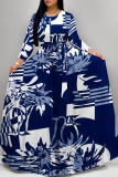 White Flowers Striped Print O Neck Nine Points Sleeve Pocket With Belt Casual Outings Loose Maxi Dress