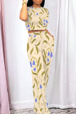 Light Blue Geometric Print O Neck Short Sleeve T Shirt and Pocket High Waist Wide Leg Pant Casual Outings Two Piece Trouser Set