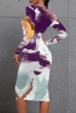 Purple Leopard Floral Print O Neck Long Sleeve Casual Outings Bodycon Midi Dress