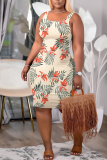 Khaki Floral Print U Neck Sleeveless Knee Length Casual Outings Plus Size Bodycon Tank Midi Dress