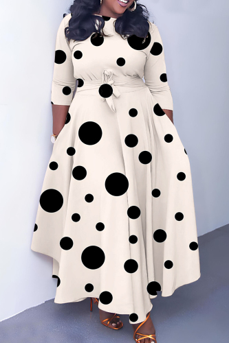 White Graphic Print O Neck 3/4 Sleeve Casual Daily Plus Size Pleated Maxi Dress