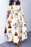 White Green Floral Cartoon Print O Neck 3/4 Sleeve Casual Daily Plus Size Pleated Maxi Dress