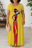 Orange Figure Print O Neck Short Sleeve Floor Length Casual Outings Plus Size Straight Loose T Shirt Maxi Dresss