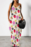 Blue Purple Cartoon Flowers Letters Print Deep V Neck Sleeveless Backless Spaghetti Strap Casual Outings Straight Loose Maxi Slip Dress