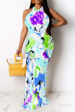 Light Khaki Flowers Stripe Geometric Print O Neck Sleeveless Casual Outings Straight Loose Maxi Dress