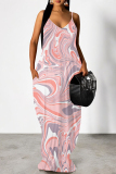 Dark Pink Geometric Print Deep V Neck Sleeveless Backless Spaghetti Strap Casual Outings Straight Loose Maxi Slip Dress