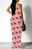 Blue Purple Cartoon Flowers Letters Print Deep V Neck Sleeveless Backless Spaghetti Strap Casual Outings Straight Loose Maxi Slip Dress