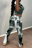 Grey Green Camouflage Print O Neck Short Sleeve T Shirt and Pocket High Waist Wide Leg Pant Casual Outings Two Piece Trouser Set