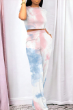 Light Blue Geometric Print O Neck Short Sleeve T Shirt and Pocket High Waist Wide Leg Pant Casual Outings Two Piece Trouser Set