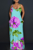 Blue Floral Print Sleeveless Backless Spaghetti Strap Floor Length Casual Outings Straight Loose Maxi Slip Dresss
