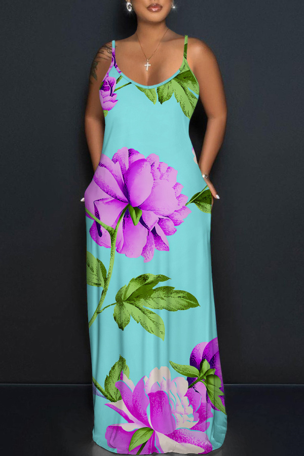 Blue Floral Print Sleeveless Backless Spaghetti Strap Floor Length Casual Outings Straight Loose Maxi Slip Dresss