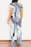 Light Blue Geometric Print O Neck Short Sleeve T Shirt and Pocket High Waist Wide Leg Pant Casual Outings Two Piece Trouser Set