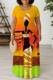 Orange Figure Print O Neck Short Sleeve Floor Length Casual Outings Plus Size Straight Loose T Shirt Maxi Dresss