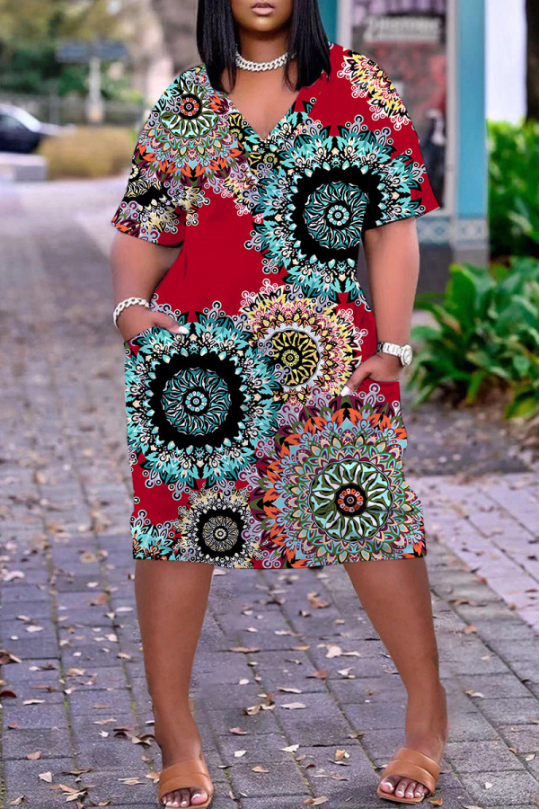Blue Graphic Print V Neck Short Sleeve Knee Length Casual Daily Plus Size Straight Loose T Shirt Dress