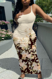 Gold Graphic Print Off Shoulder Sleeveless Backless Spaghetti Strap Casual Outings Bodycon Maxi Slip Dress