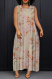 Green Floral Print O Neck Off Shoulder Sleeveless Casual Outings Plus Size Straight Loose Maxi Dresss