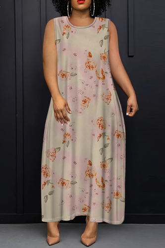 Green Floral Print O Neck Off Shoulder Sleeveless Casual Outings Plus Size Straight Loose Maxi Dresss