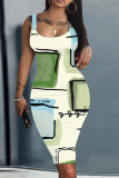 Purple Graphic Print U Neck Sleeveless Knee Length Casual Outings Plus Size Bodycon Vest Midi Dress