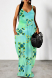 Blue Purple Cartoon Flowers Letters Print Deep V Neck Sleeveless Backless Spaghetti Strap Casual Outings Straight Loose Maxi Slip Dress