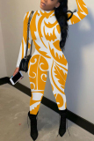 Blue Graphic Print Half A Turtleneck Long Sleeve Casual Outings Plus Size Skinny Jumpsuit
