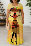 Orange Figure Print O Neck Short Sleeve Floor Length Casual Outings Plus Size Straight Loose T Shirt Maxi Dresss