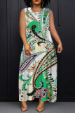 Green Floral Print O Neck Off Shoulder Sleeveless Casual Outings Plus Size Straight Loose Maxi Dresss