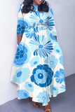 Light Purple Floral Print O Neck 3/4 Sleeve Casual Daily Plus Size Pleated Maxi Dress