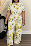 Light Blue Floral Butterfly Print O Neck Short Sleeve T Shirt and Wide Leg Pant Casual Outings Plus Size Two Piece Pant Set