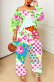 Pink Floral Print Off Shoulder Long Sleeve Casual Outings Harlan Jumpsuit